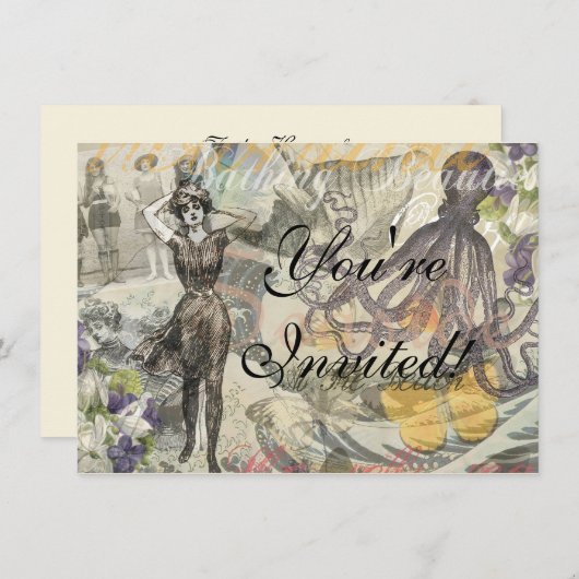 Octopus Beach Antique Coastal Steampunk Einladung (Vorne/Hinten)