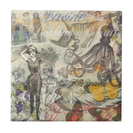 Octopus Beach Antique Coastal Steampunk Fliese (Vorderseite)