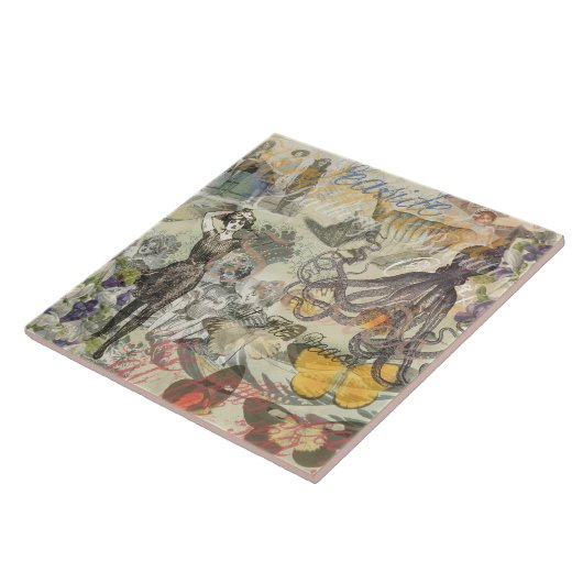 Octopus Beach Antique Coastal Steampunk Fliese (Seite)