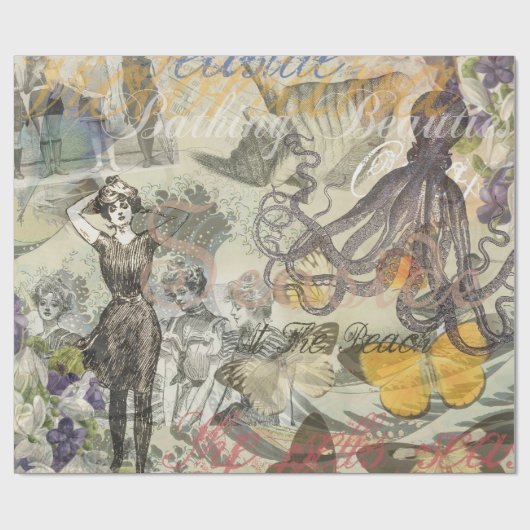 Octopus Beach Antique Coastal Steampunk Geschenkpapier (Flach)