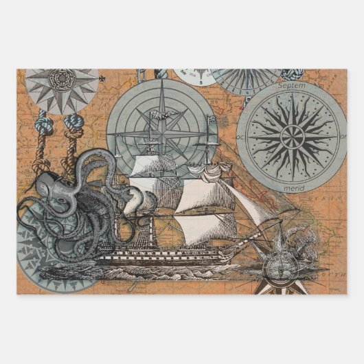 Octopus Beach Antique Coastal Steampunk Geschenkpapier Set (Vorderseite 2)