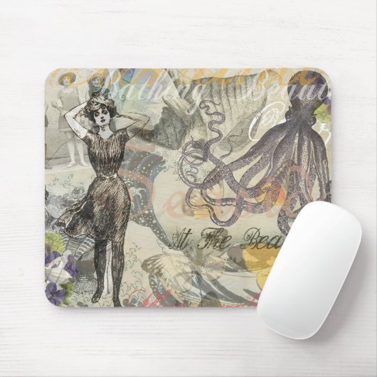 Octopus Beach Antique Coastal Steampunk Mousepad (Mit Mouse)