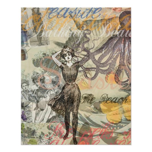 Octopus Beach Antique Coastal Steampunk Poster (Vorderseite)