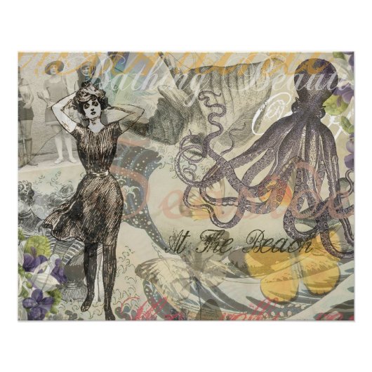Octopus Beach Antique Coastal Steampunk Poster (Vorderseite)