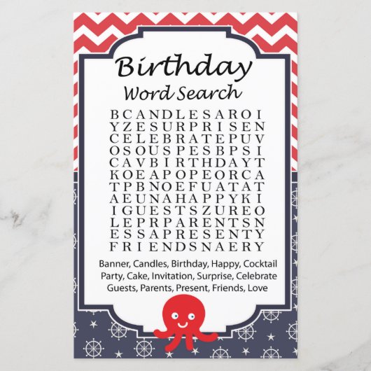 Octopus Birthday Wortsuche (Vorderseite)