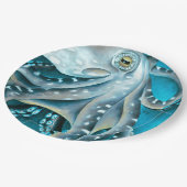 Octopus Blau Aquarellfarbendetails Pappteller (Schrägansicht)