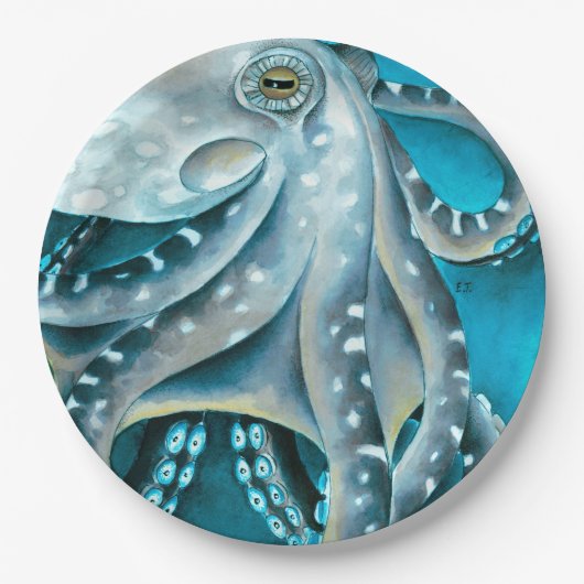 Octopus Blau Aquarellfarbendetails Pappteller (Vorderseite)