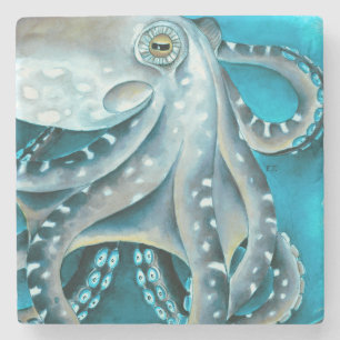 Octopus Blau Aquarellfarbendetails Steinuntersetzer