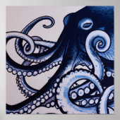 Octopus Blue Moderne Wasserfarbe im japanischen St Poster (Vorne)