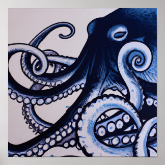 Octopus Blue Moderne Wasserfarbe im japanischen St Poster