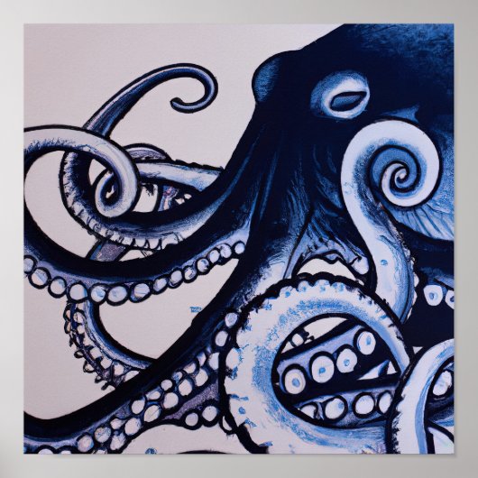 Octopus Blue Moderne Wasserfarbe im japanischen St Poster (Vorne)