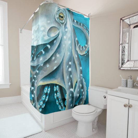 Octopus Blue Watercolor Detail Duschvorhang (Beispiel)