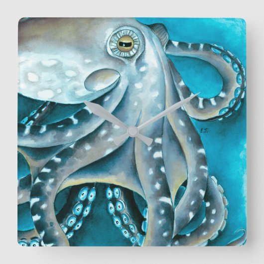 Octopus Blue Watercolor Detail Quadratische Wanduhr (Vorderseite)