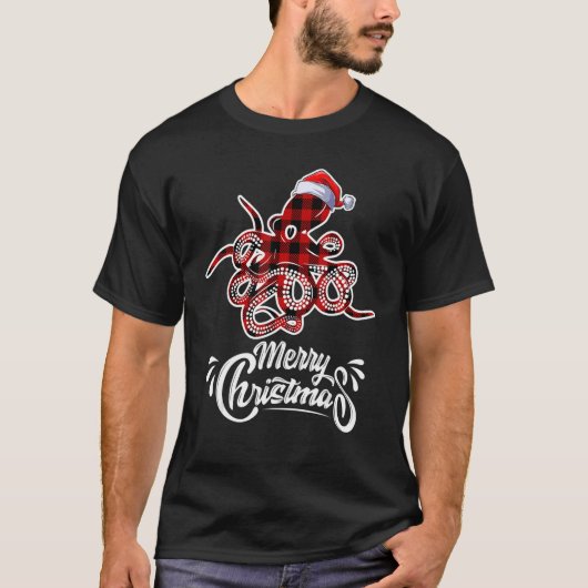 Octopus Christmas Buffalo Rote Karierte Weihnachts T-Shirt (Vorderseite)