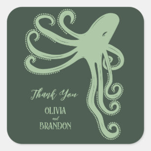 Octopus Deep Sea Modern Wedding, Green Quadratischer Aufkleber