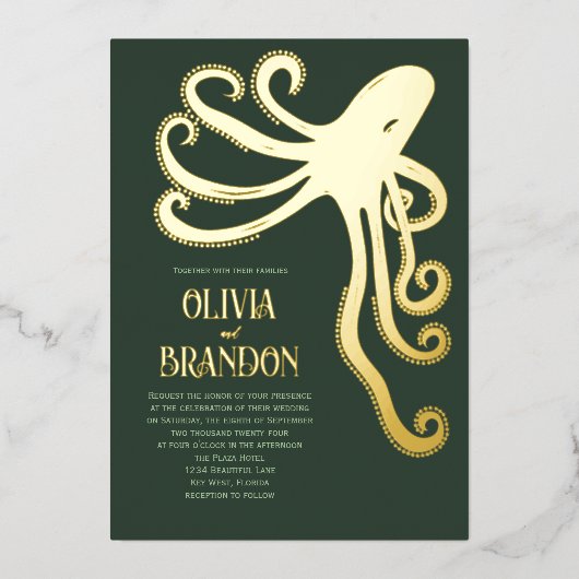 Octopus Deep Sea Stilisierte moderne Hochzeit Folieneinladung (Vorderseite)