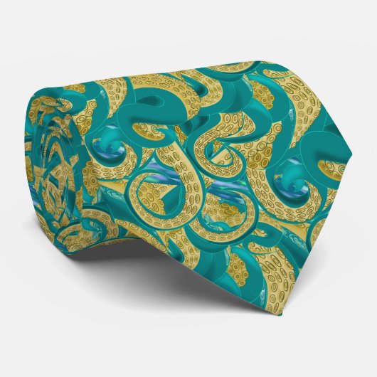 Octopus Design Neck Tie - Gold Türkis Krawatte (Gerollt)