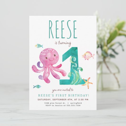 Octopus Einladung zum ersten Geburtstag (Stehend Vorderseite)