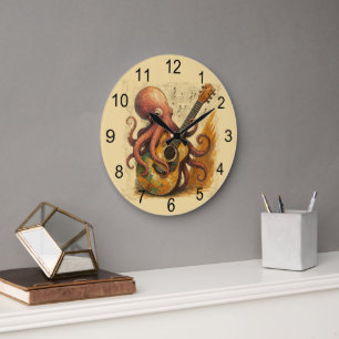 Octopus Gitarre spielen Vintage Musik Kunst Große Wanduhr