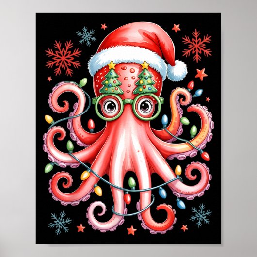 Octopus Gles Santa Hat Christmas Light Ocean Anima Poster (Vorne)