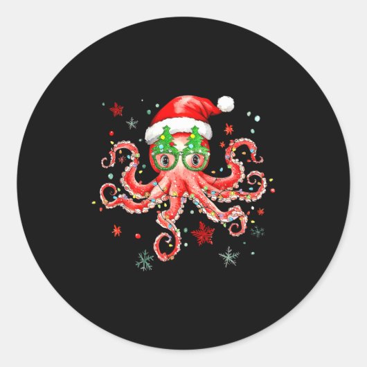 Octopus Gles Santa Hat Christmas Light Ocean Anima Runder Aufkleber (Vorderseite)