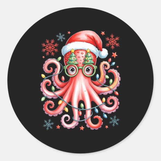 Octopus Gles Santa Hat Christmas Light Ocean Anima Runder Aufkleber (Vorderseite)
