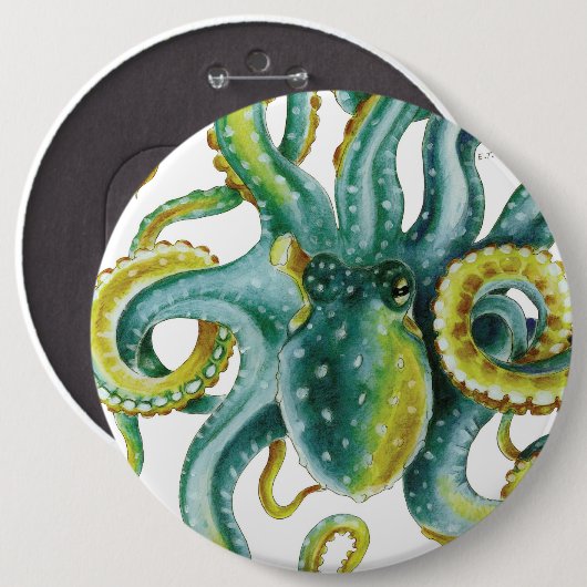 Octopus Green Tentacles Wasserfarben Kunst, Dichtu Button (Vorne & Hinten)