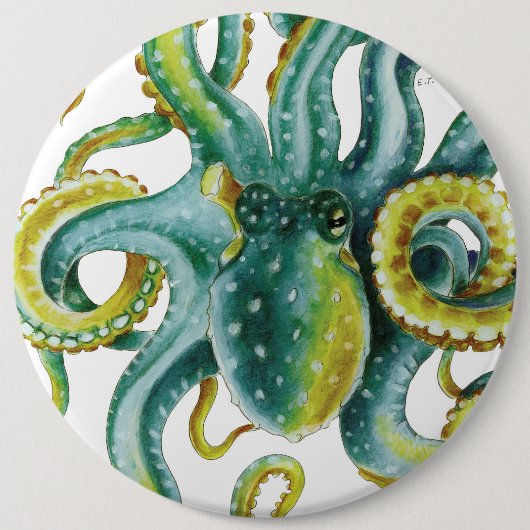 Octopus Green Tentacles Wasserfarben Kunst, Dichtu Button (Vorderseite)