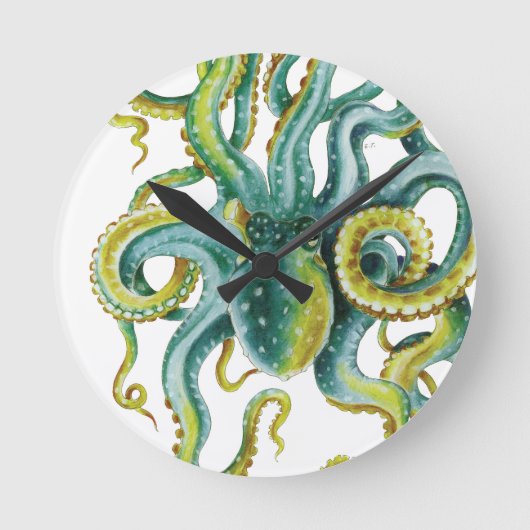 Octopus Grüne Wasserfarben Kunst Runde Wanduhr (Vorderseite)