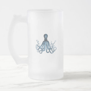 Octopus kraken nautischer Küstenstrand Blau Mattglas Bierglas