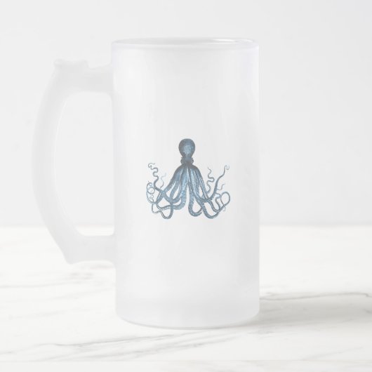 Octopus kraken nautischer Küstenstrand Blau Mattglas Bierglas (Links)