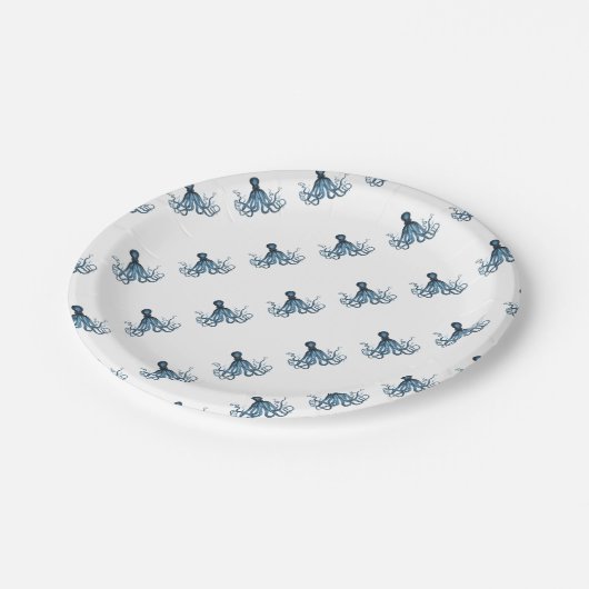 Octopus kraken nautischer Küstenstrand blau Pappteller (Schrägansicht)