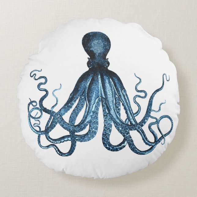 Octopus kraken nautischer Küstenstrand blau Rundes Kissen (Vorderseite)