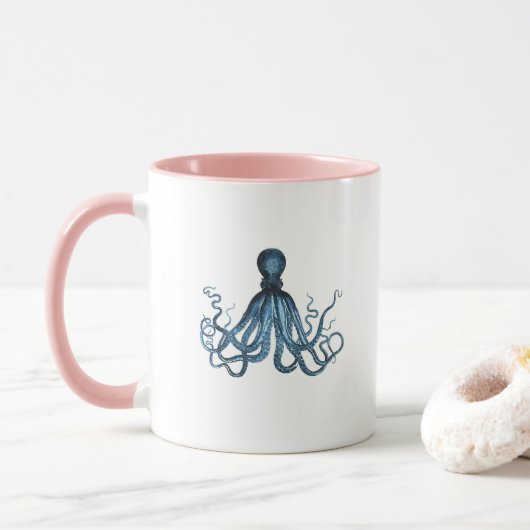 Octopus kraken nautischer Küstenstrand blau Tasse (Mit Donut)