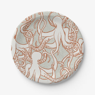 Octopus Line Art | Runde Teller (Orange & Grau)