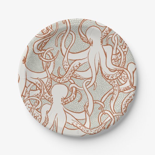Octopus Line Art | Runde Teller (Orange & Grau) (Vorderseite)