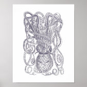 Octopus Line Art Zeichne Blockdruck in Lila Poster (Vorne)