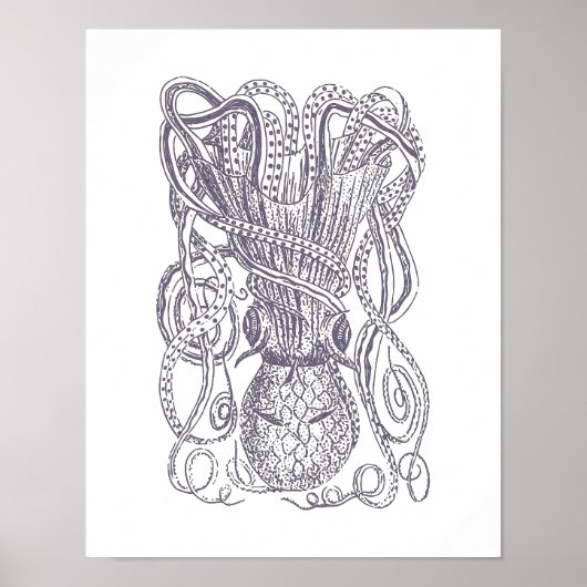 Octopus Line Art Zeichne Blockdruck in Lila Poster (Vorne)