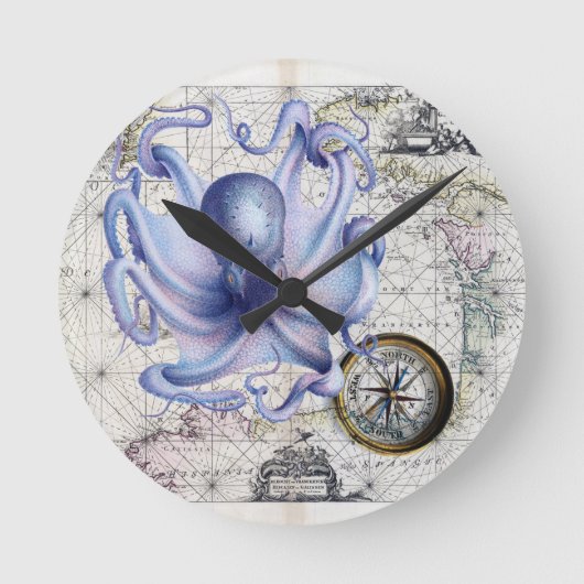 Octopus Map Nautica Runde Wanduhr (Vorderseite)