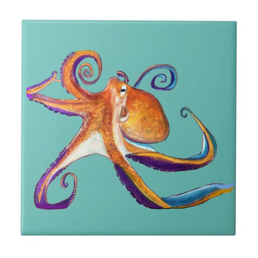 Octopus Meereswelt Aquarellkunst Fliese (Vorderseite)
