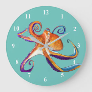 Octopus Meereswelt Aquarellkunst Große Wanduhr