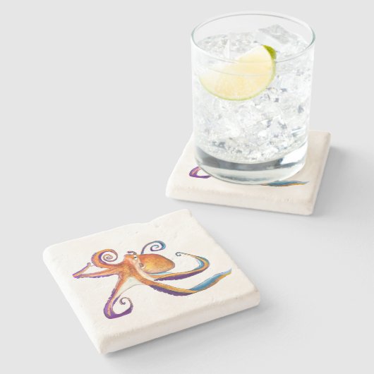 Octopus Meereswelt Aquarellkunst Steinuntersetzer (Seitenansicht)