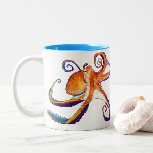 Octopus Meereswelt Aquarellkunst Zweifarbige Tasse (Mit Donut)
