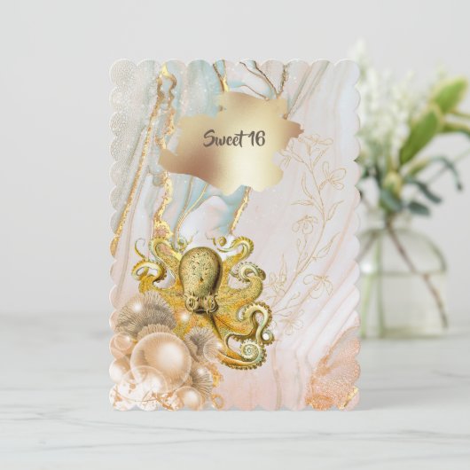 Octopus Meergold Elegantes Quinceanera Party Einladung (Stehend Vorderseite)