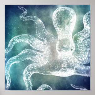Octopus Midnight Blue Aquamarin Watercolor Vintage Poster