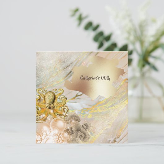 Octopus moderne Imitat Goldmeere Korallen nautisch Einladung (Stehend Vorderseite)