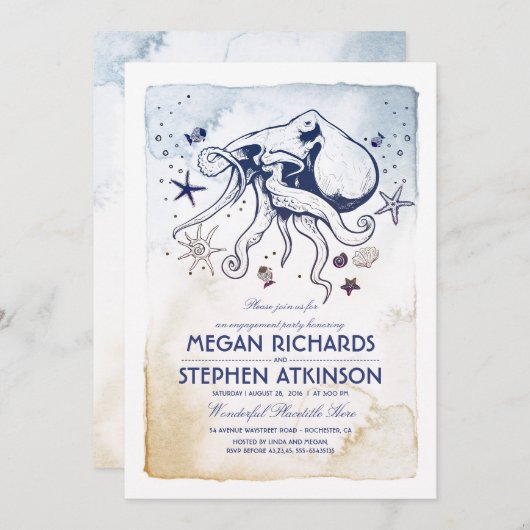 Octopus Nautic Engagement Party Einladung (Vorne/Hinten)