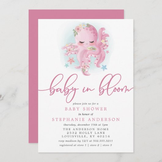 Octopus Niedlich Pink Baby in Bloom Baby Dusche Einladung (Vorne/Hinten)