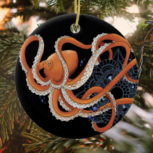 Octopus Orange Mandal Blue Keramik Ornament