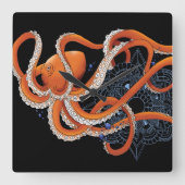Octopus Orange Mandal Blue Quadratische Wanduhr (Vorderseite)